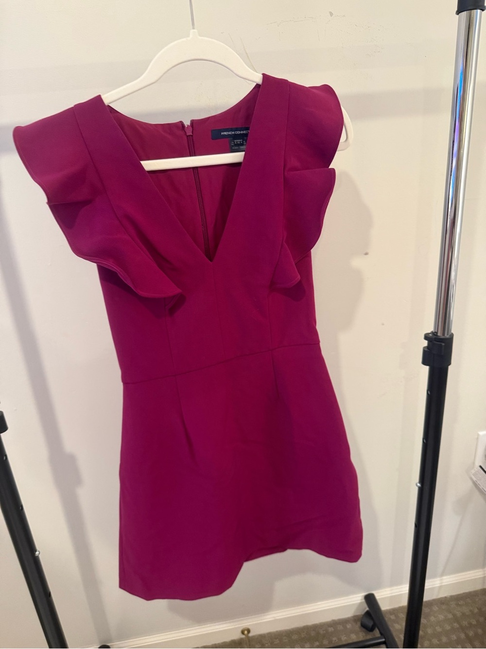 French Connection Magenta Ruffle V-Neck Mini Dress